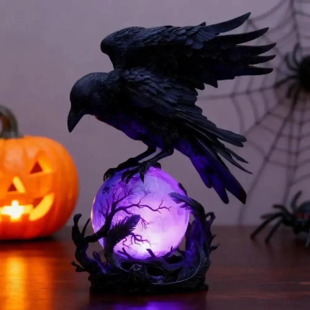 Mysterious Raven Moonlight Gothic LED Lamp Hand-Crafted Dark Art Crow Sculpture on Purple Glow Sphere Halloween Night Light-MoonChildWorld