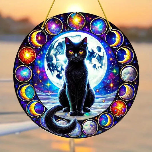Mystery Black Cat Suncatcher Moon Phases Cat Window Hanging-MoonChildWorld
