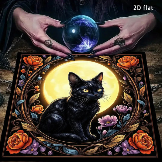 Mystic Black Cat Tarot Altar Cloth with Floral Moon Design-MoonChildWorld