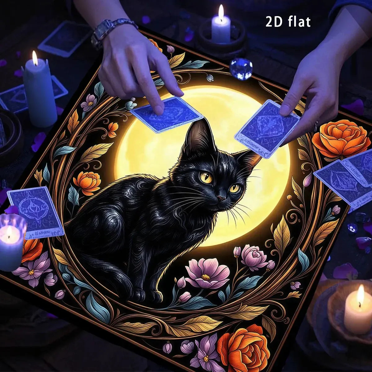 Mystic Black Cat Tarot Altar Cloth with Floral Moon Design-MoonChildWorld