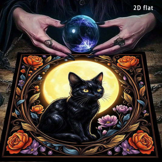 Mystic Black Cat Tarot Altar Cloth with Floral Moon Design-MoonChildWorld