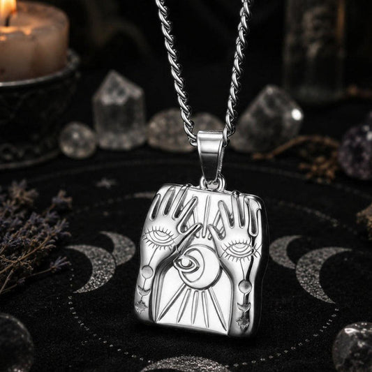 Mystic Hands Moon Evil Eye Square Pendant Necklace for Women-MoonChildWorld