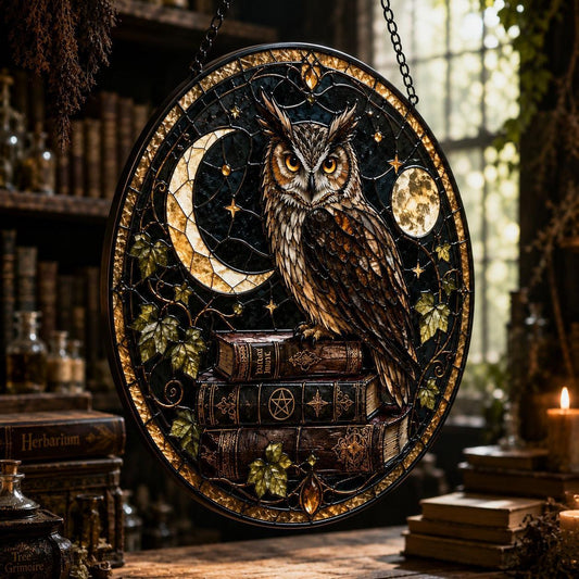 Mystic Owl Spellbook Glass Suncatcher - hanging view