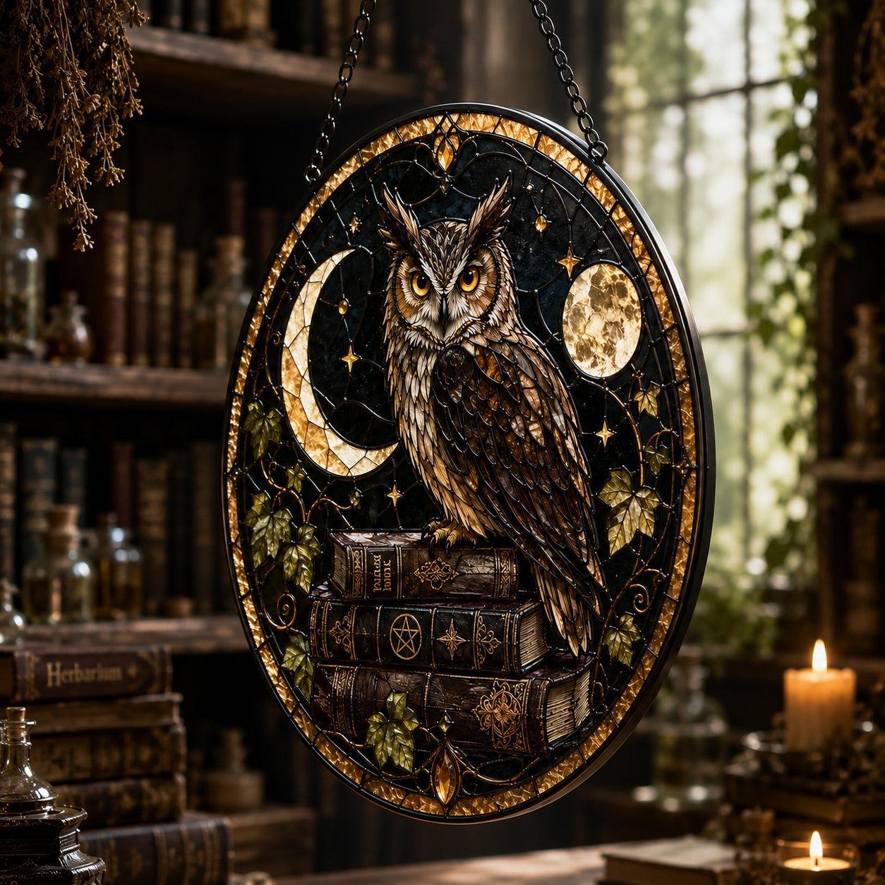 Mystic Owl Spellbook Glass Suncatcher - close up detail