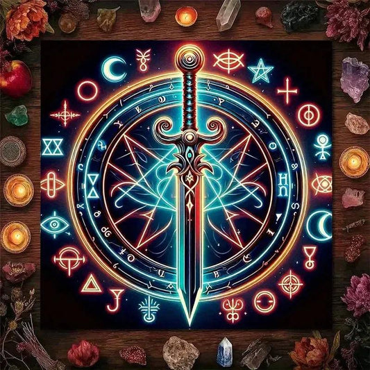 Mystic Sword Symbol Tarot Tablecloth โ Enchanting Altar Cloth for Divination, Meditation & Spiritual Home Decor-MoonChildWorld