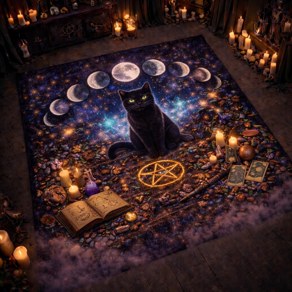 Mystical Black Cat Area Rug with Moon Phase – Gothic Witch Familiar Carpet for Home Decor-MoonChildWorld