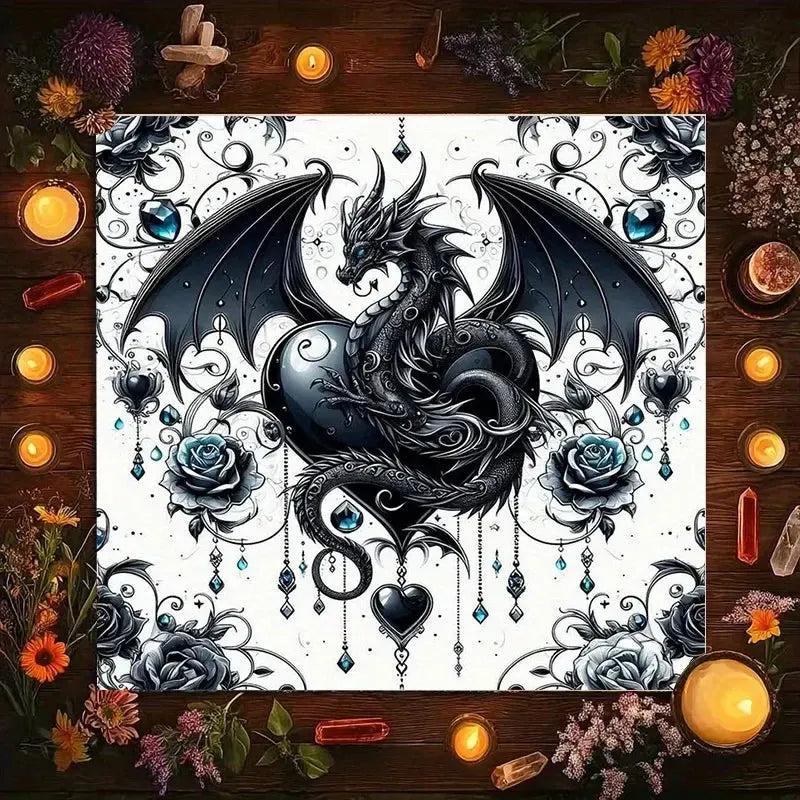 Mystical Dragon Tarot Tablecloth – Black & White Fantasy Altar Cloth with Blue Gems for Divination & Home Decor-MoonChildWorld