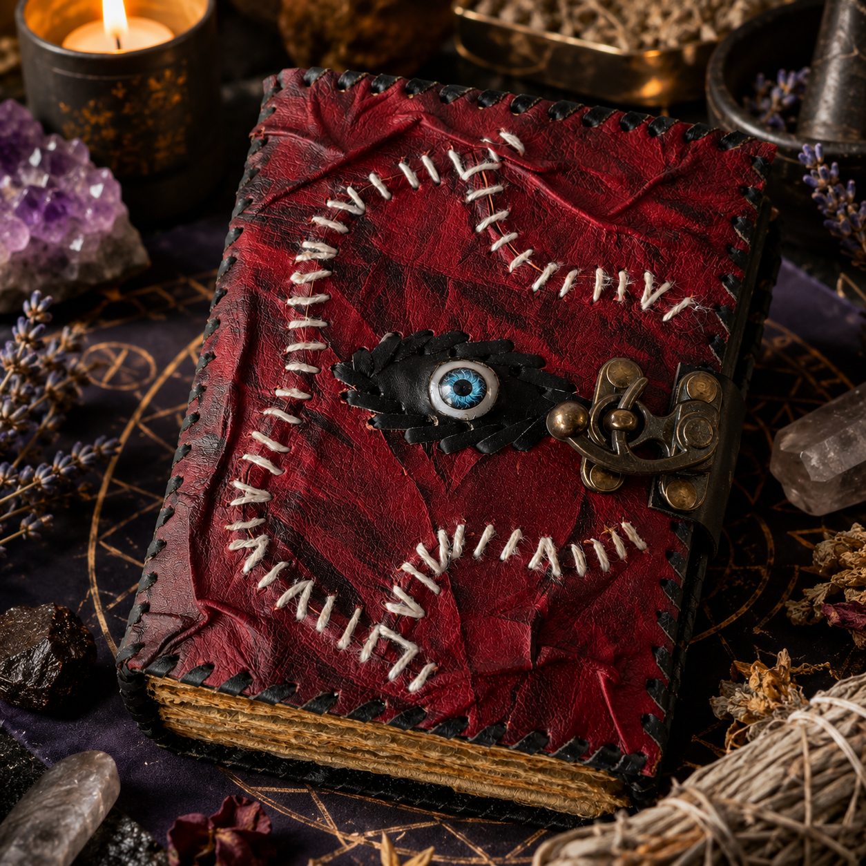 Mystical eye leather journal with lock – handmade witch grimoire notebook, eye embellishment, view 4