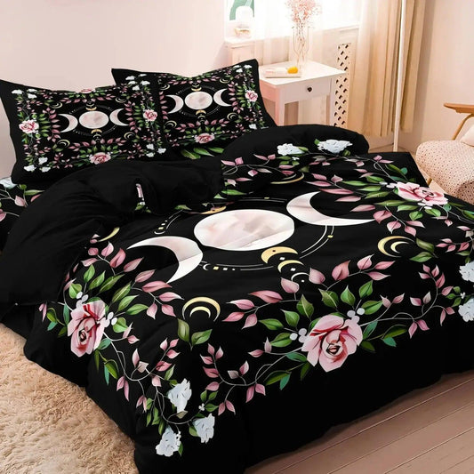 Mystical Floral Triple Moon Duvet Cover Set Wiccan Bedding Set Pagan Home Decor-MoonChildWorld