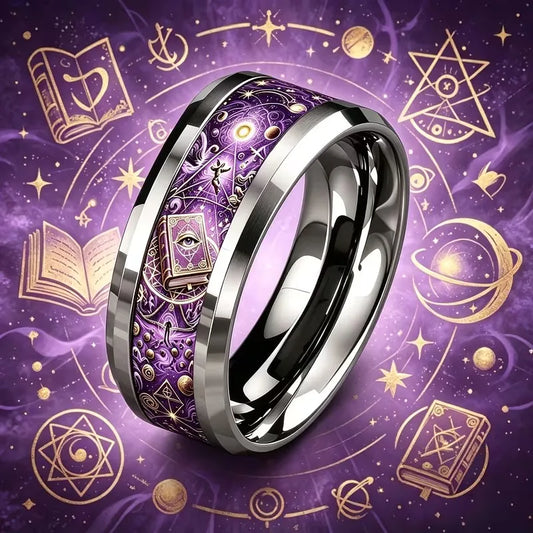 Spellbook pattern ring close-up purple colour – vintage occult Wiccan Pagan jewellery sizes 6-10