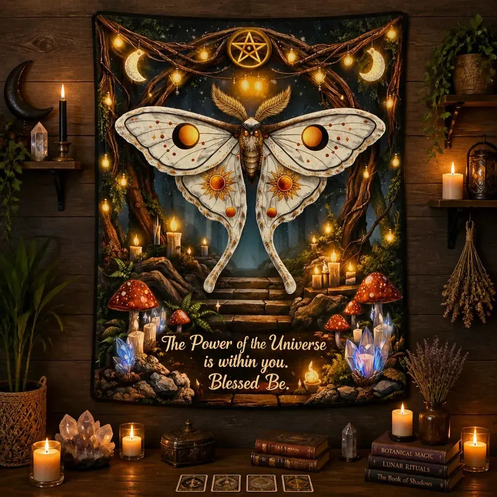 Mystical Witchy Moth Tapestry for Wiccan & Pagan - Witchy Wall Hanging_mockup_2.webp