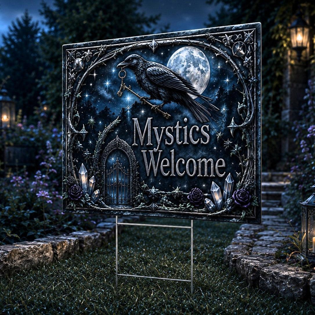 Mystics Welcome Wicca Yard Sign - close up detail