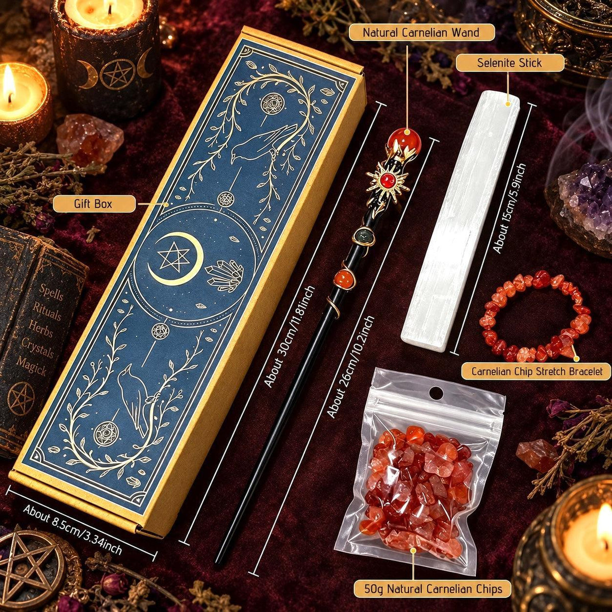 A styled flat-lay of a Wiccan altar set featuring a dark blue and gold gift box, a black wand, a white salient stick, a red gemstone charm, a red carnelian bracelet, and a bag of red carnelian chips, all labeled with text overlays on a dark red velvet background with candles and crystals.