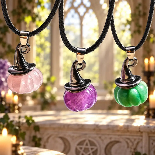 Pink, purple and green pumpkin witch hat pendants on cords
