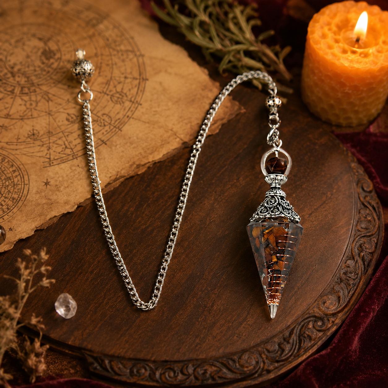 Tiger eye spirit pendulum and chain details on a warm Wiccan ritual altar