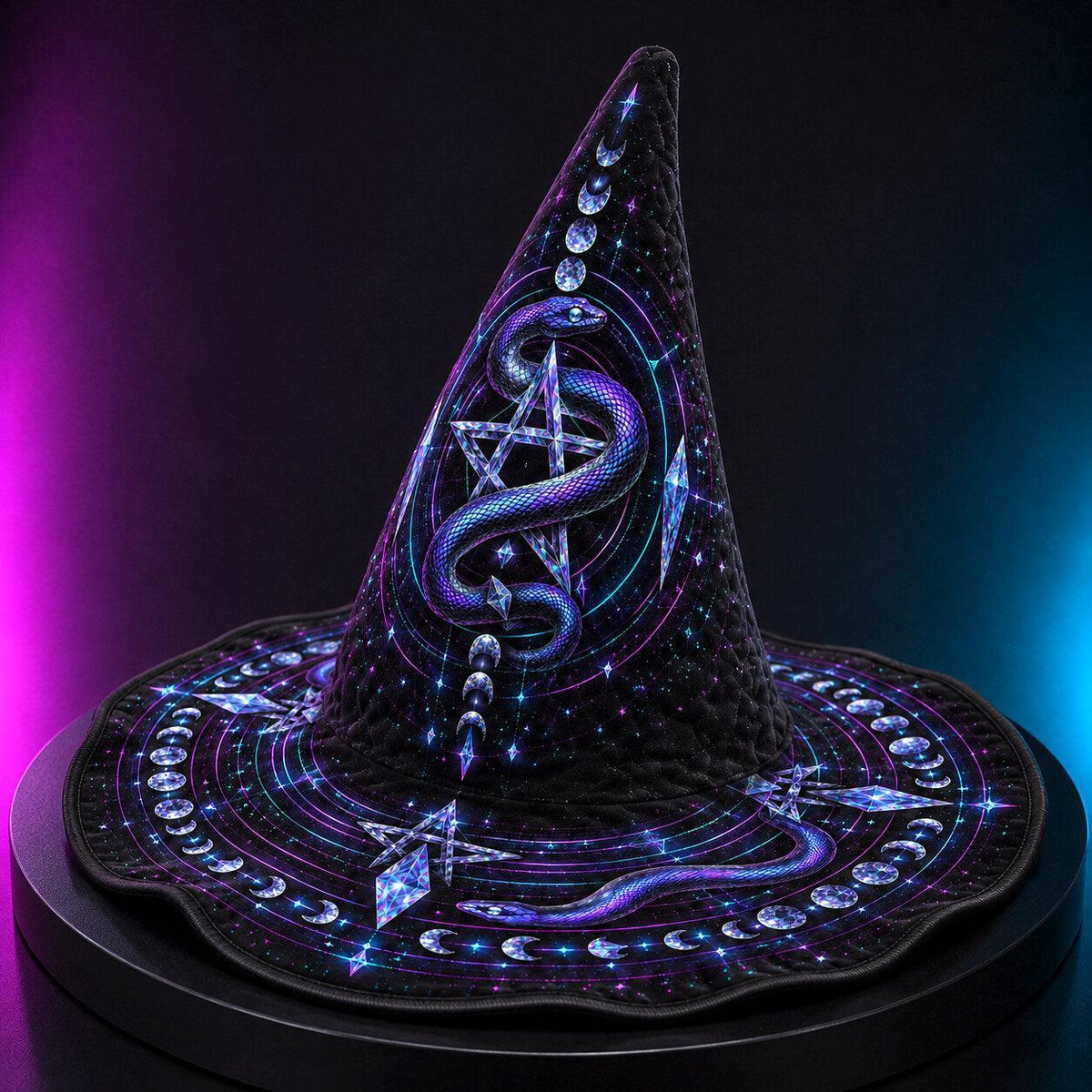Neon Serpent Witch Hat – Pentacle Moon Phase Occult Brim Hat – held in both hands
