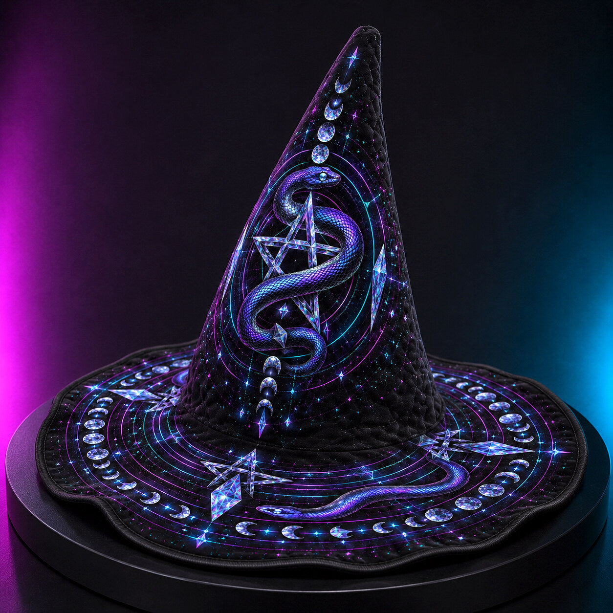 Neon Serpent Witch Hat – Pentacle Moon Phase Occult Brim Hat – held in both hands
