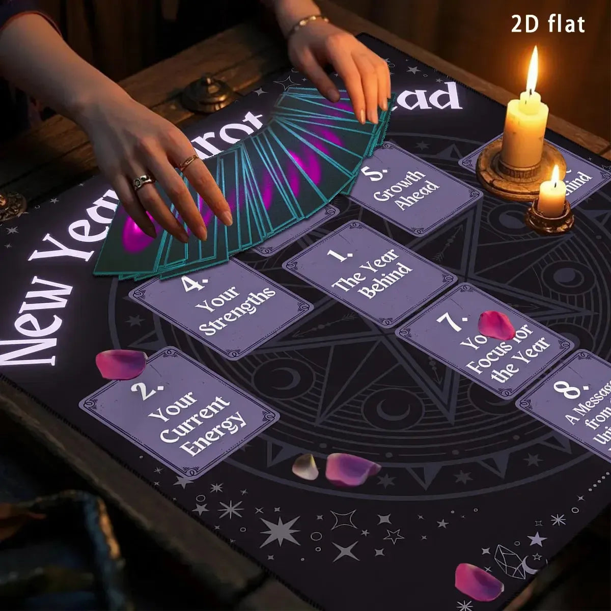 New year divination cloth – styled with tarot deck and candles