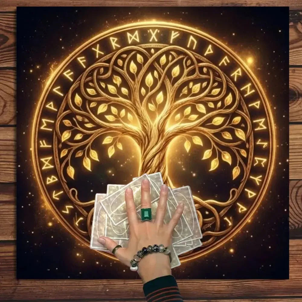 Golden Yggdrasil rune ring altar cloth – Norse witchcraft tarot mat for crystal healing and ritual