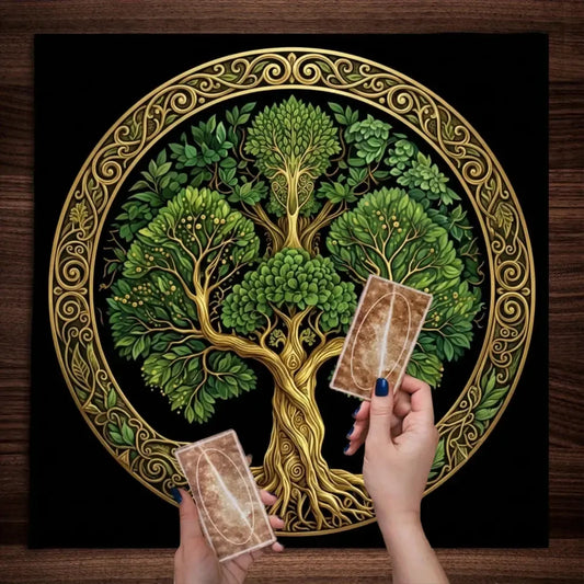 Yggdrasil world tree altar cloth gold on black – Norse Pagan ritual mat for tarot and meditation