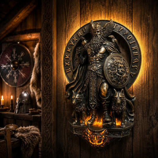 Vintage resin Norse Viking LED wall sconce, 8-inch, featuring a warrior, wolves, and runes, glowing warmly.