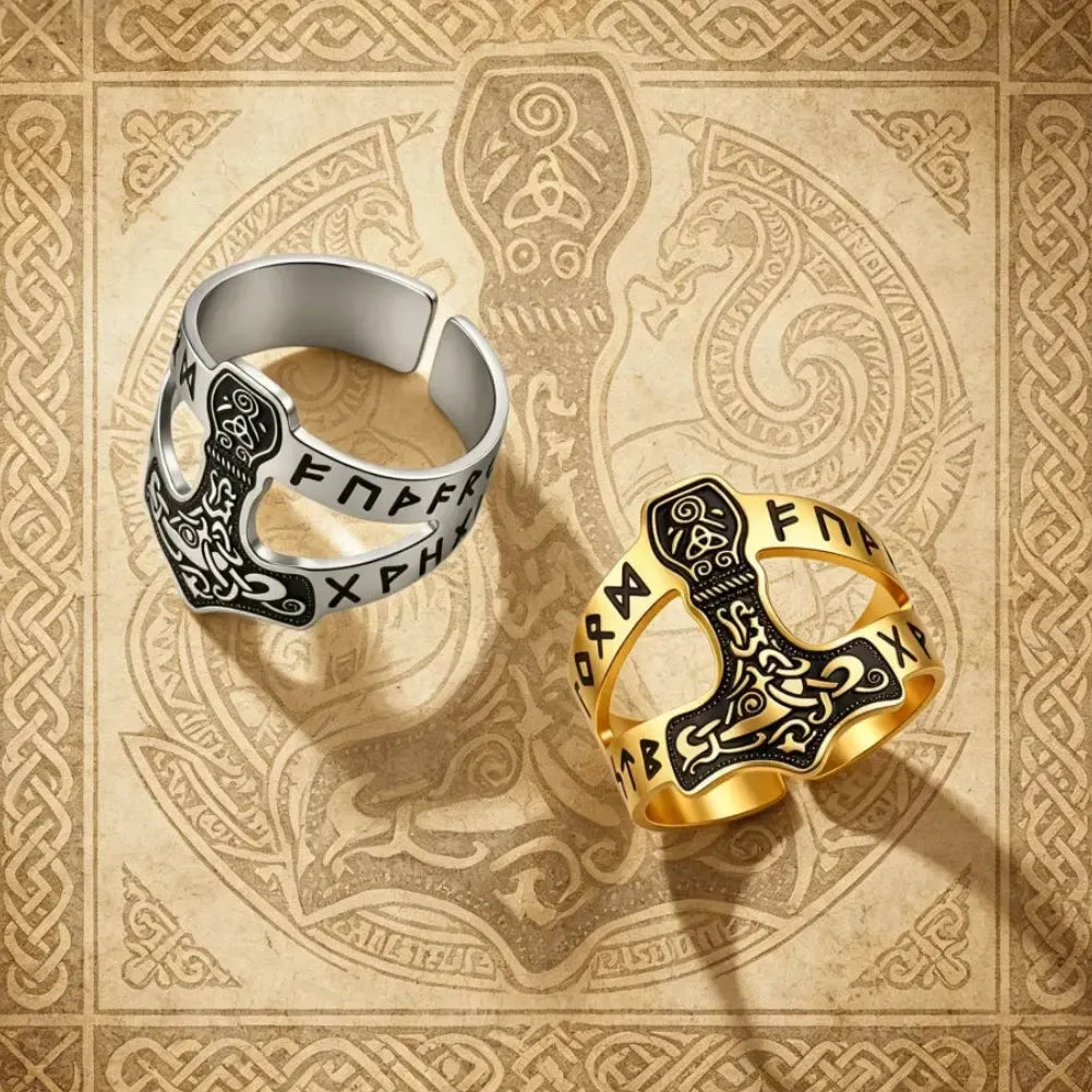 Norse Viking Mjolnir Thor Hammer Ring Rune Celtic Knot Ring Pagan Amulet Jewelry-MoonChildWorld
