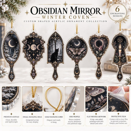 Obsidian Mirror Gothic Acrylic Ornament Set โ Witchy Yule Tree Decor โ ornament size and details