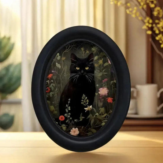 Occult Black Cat Wooden Oval Frame - Gothic Oval Wall Art - Witchy Wall Decoration-MoonChildWorld