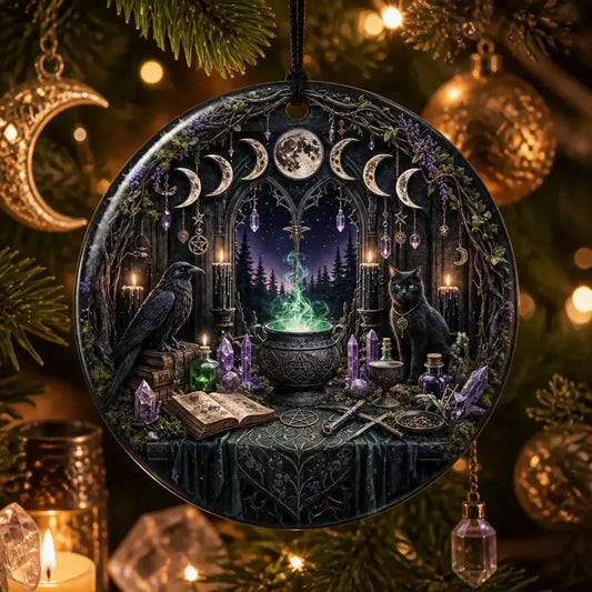 Occult Cat and Raven Gothic Yule Ceramic Ornament โ Moon Phase Witchy Christmas Ornament_mockup_1.webp