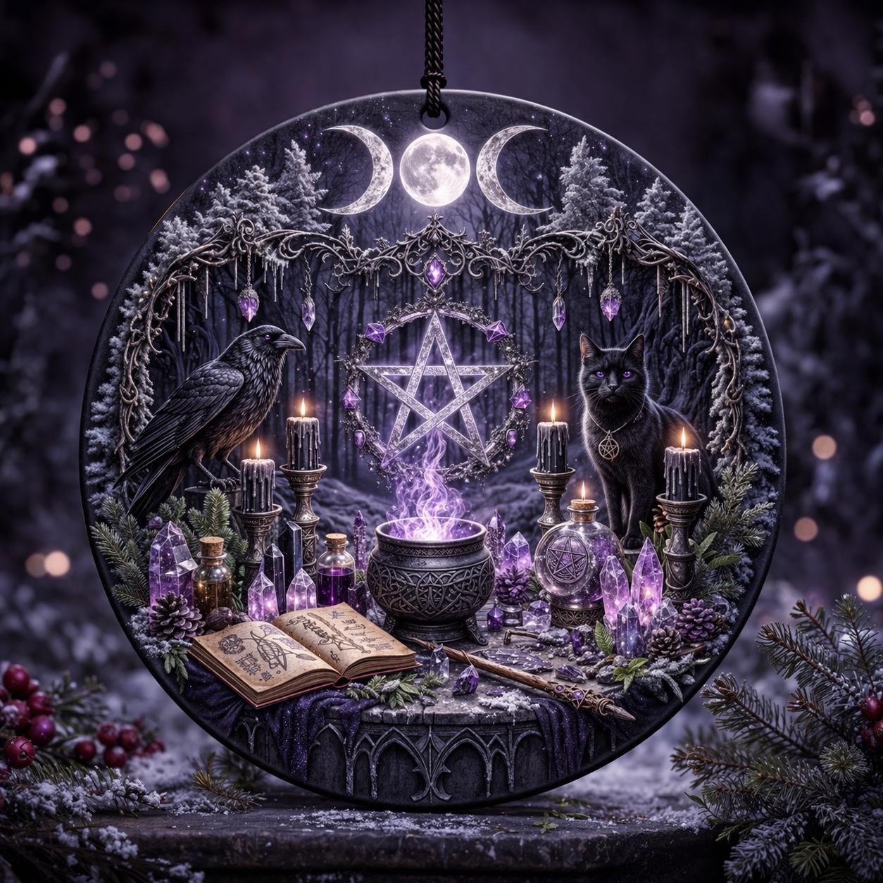 Gothic Yule ceramic ornament with a black cat, raven, triple moon, pentacle, and purple crystals in a snowy forest.
