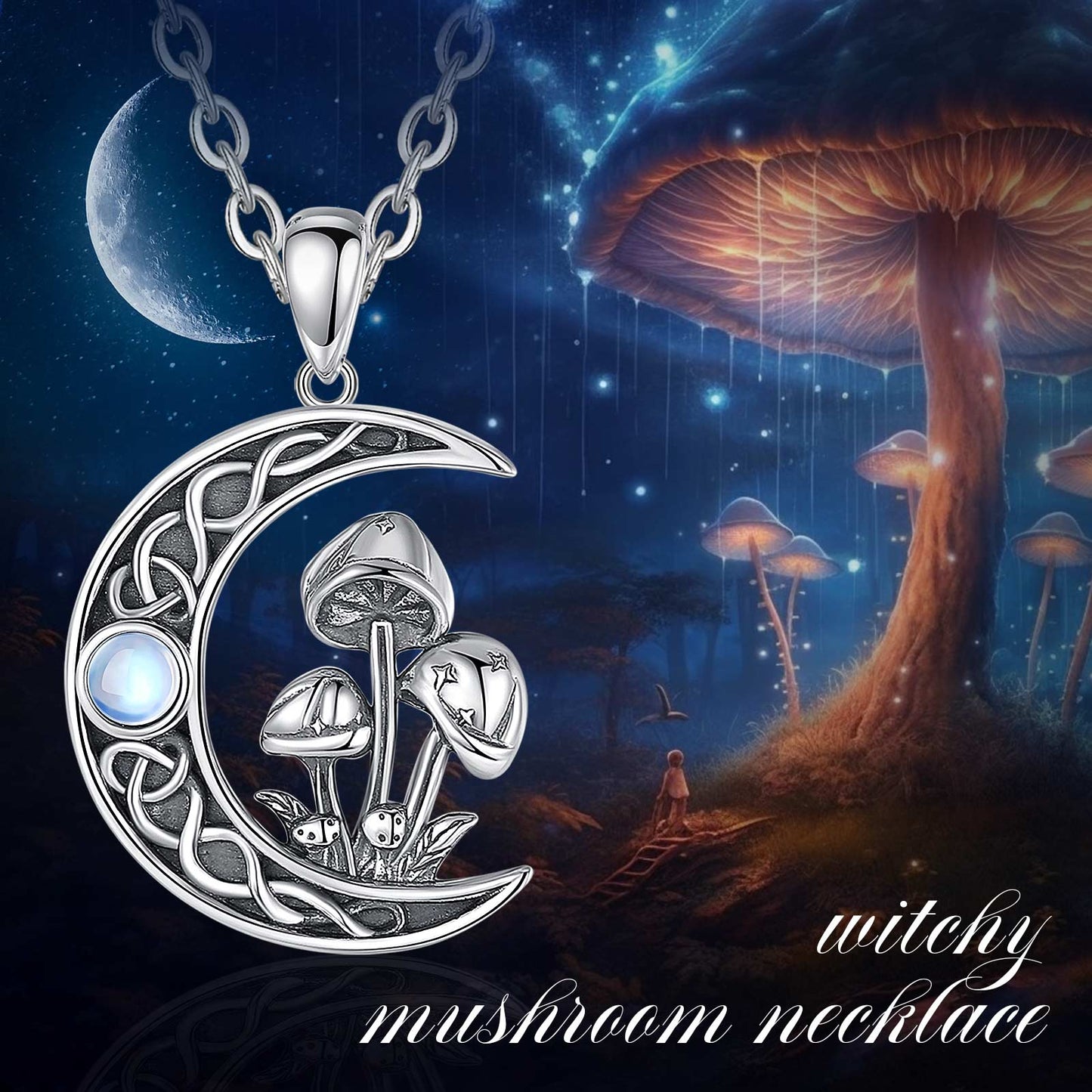 Sterling silver Celtic knot moon necklace with opal and mushroom design, perfect witchy jewelry.