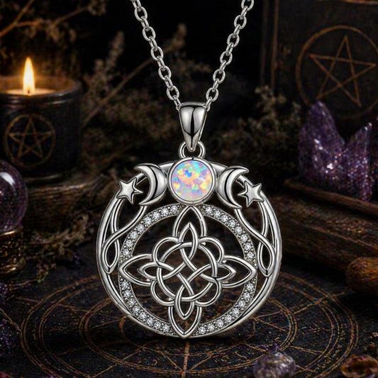 Opal Triple Moon Witch Celtic Knot Necklace Wicca Amulet Protection Jewelry-MoonChildWorld