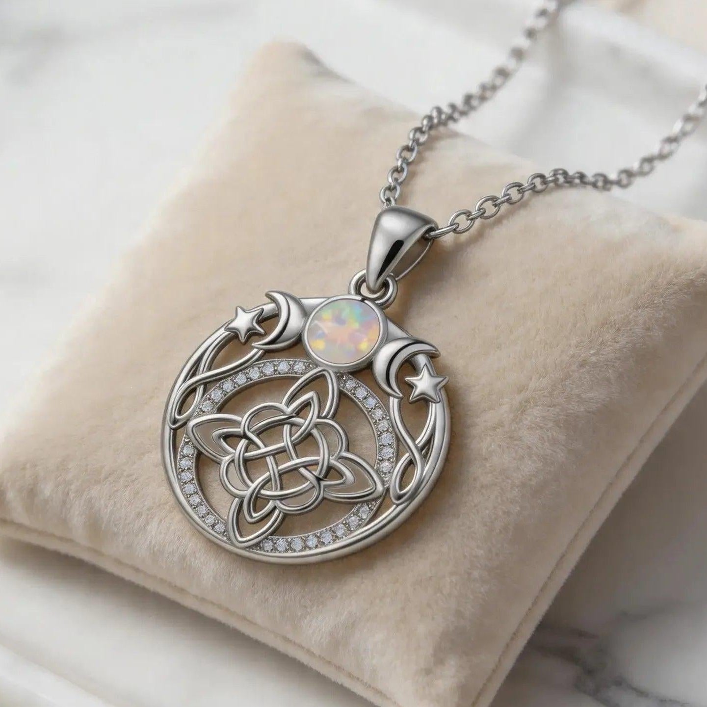 Opal Triple Moon Witch Celtic Knot Necklace Wicca Amulet Protection Jewelry-MoonChildWorld