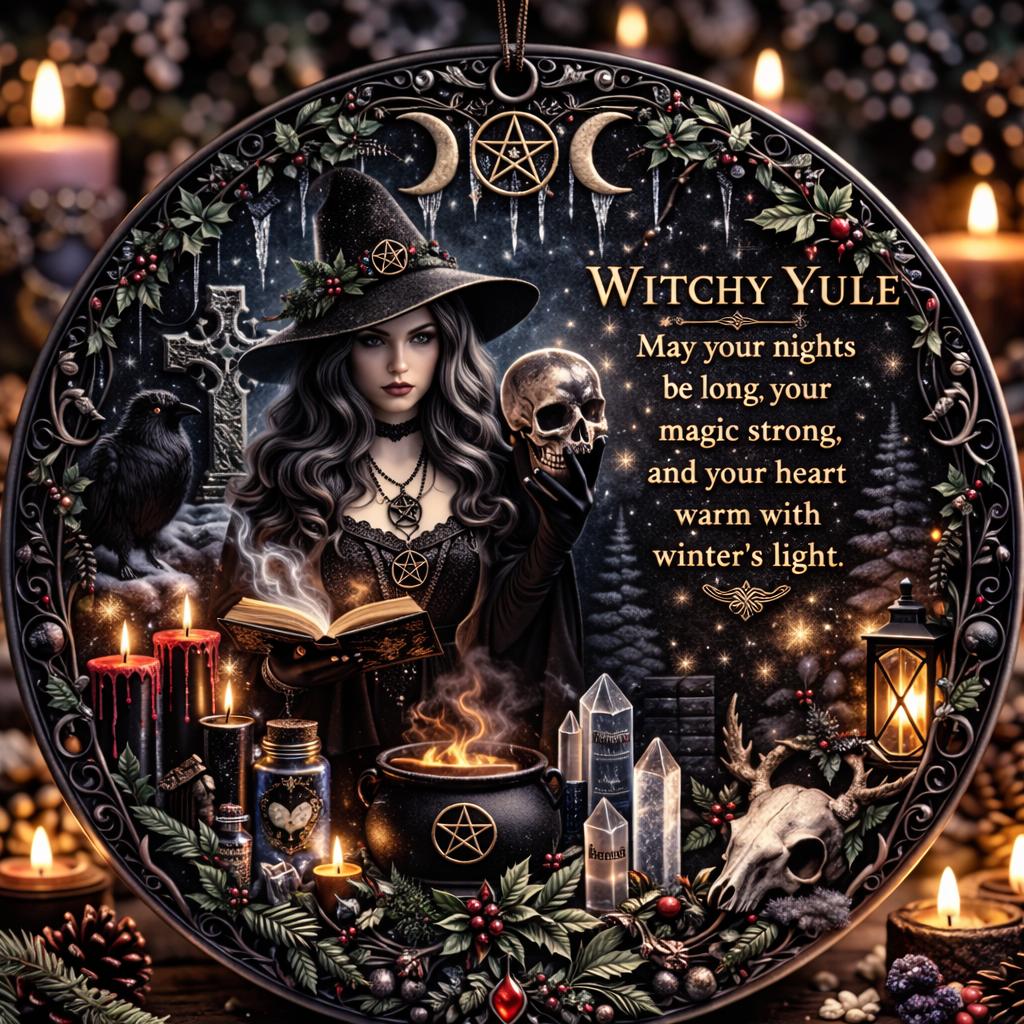 Dark witch ceramic ornament with a skull, raven, candles, and "Witchy Yule" text.
