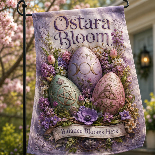 Ostara Bloom house flag displayed outdoors on a garden flag stand