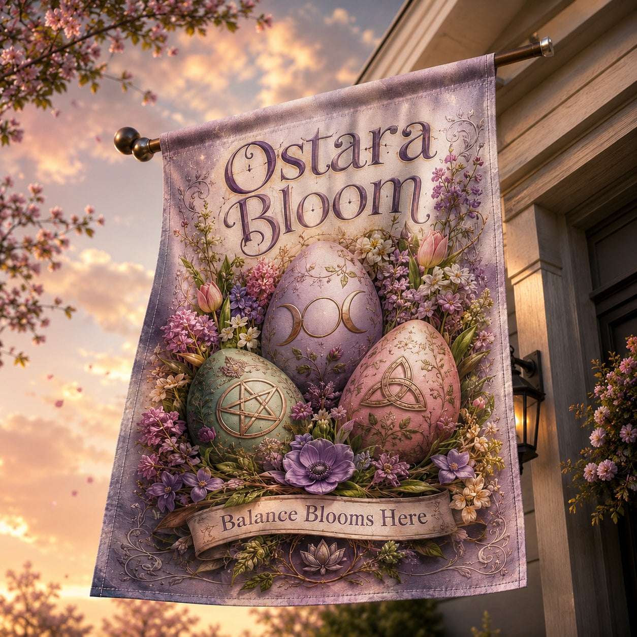 Ostara Bloom house flag mockup hanging outdoors as pagan spring decor