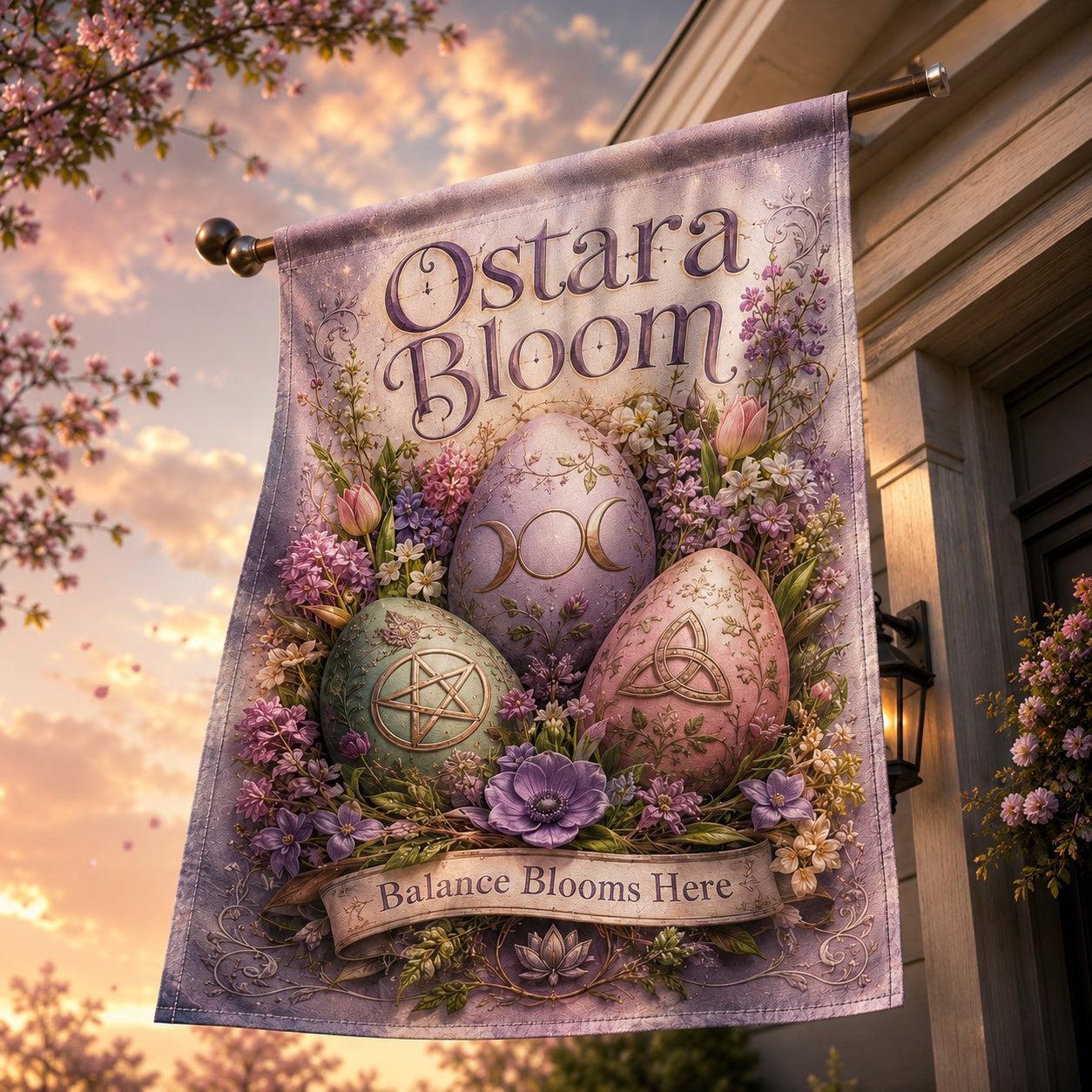 Ostara Bloom house flag mockup hanging outdoors as pagan spring decor