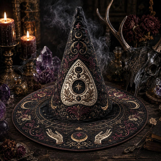 Ouija Gothic Witch Hat – Seance Spirit Occult Wide Brim Hat – styled with candles and crystals