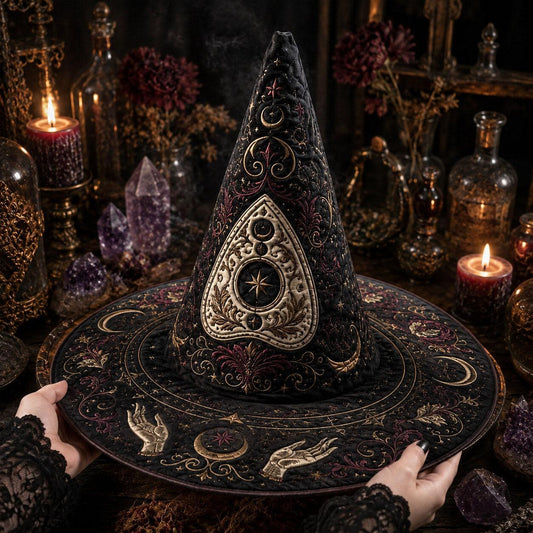 Ouija Gothic Witch Hat – Seance Spirit Occult Wide Brim Hat – on an altar table