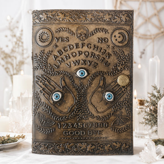 Ouija Three Eyes Leather Journal – Antique Witch Grimoire Deckle Edge Pages – leather journal, back cover view
