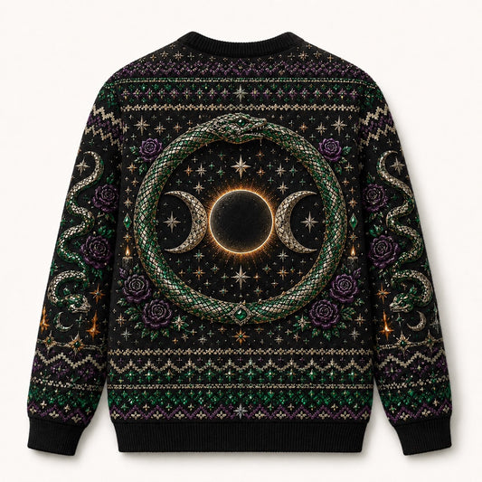 Serpent Circle Witch Sweater Ouroboros Triple Moon Green Knit back view