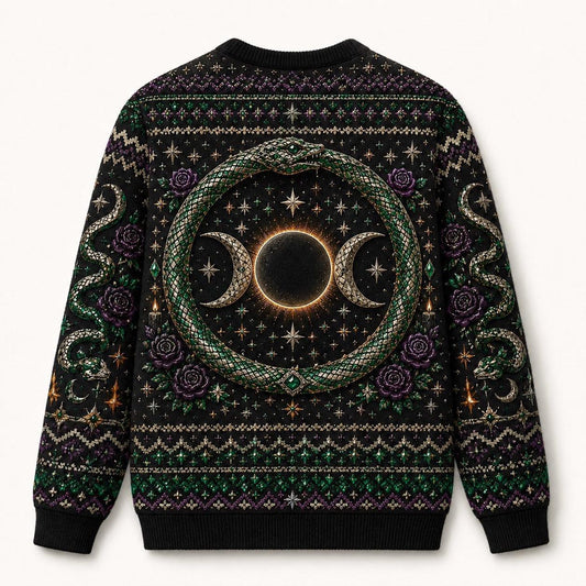 Serpent Circle Witch Sweater Ouroboros Triple Moon Green Knit back view