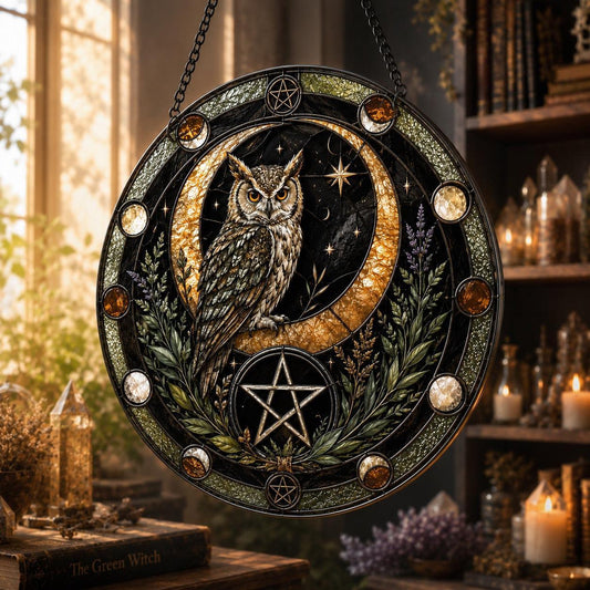 Owl Crescent Moon Pentacle Protection Glass Suncatcher - hanging view