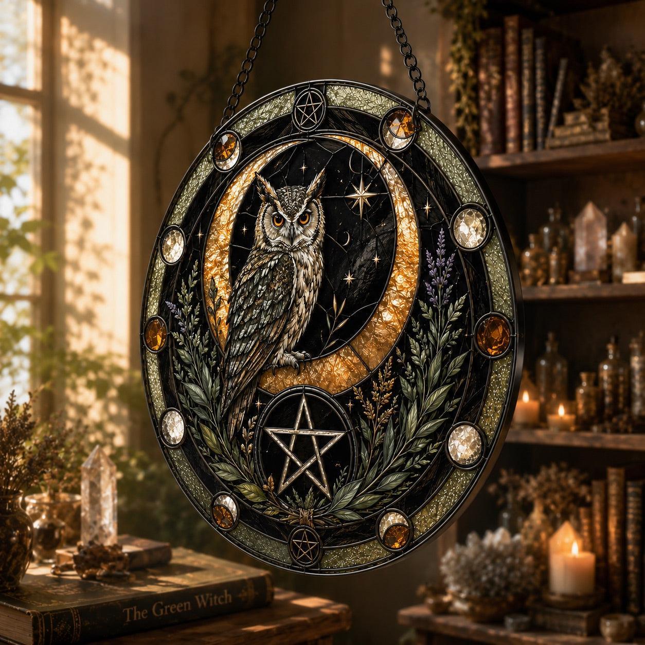 Owl Crescent Moon Pentacle Protection Glass Suncatcher - close up detail