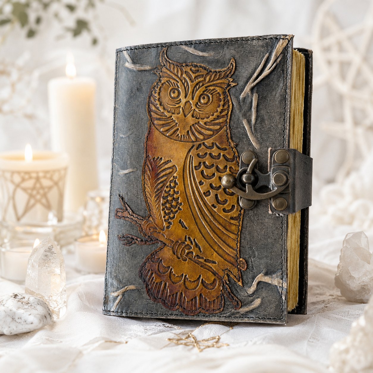 Owl Embossed Leather Journal with Brass Lock – Vintage Handmade Witch Grimoire – leather journal, size and scale view