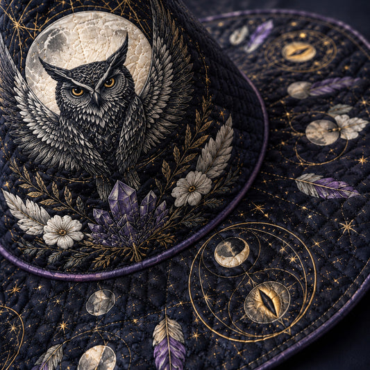Owl Feather Witch Hat – Celestial Full Moon Wiccan Wide Brim Hat – quilting and print detail