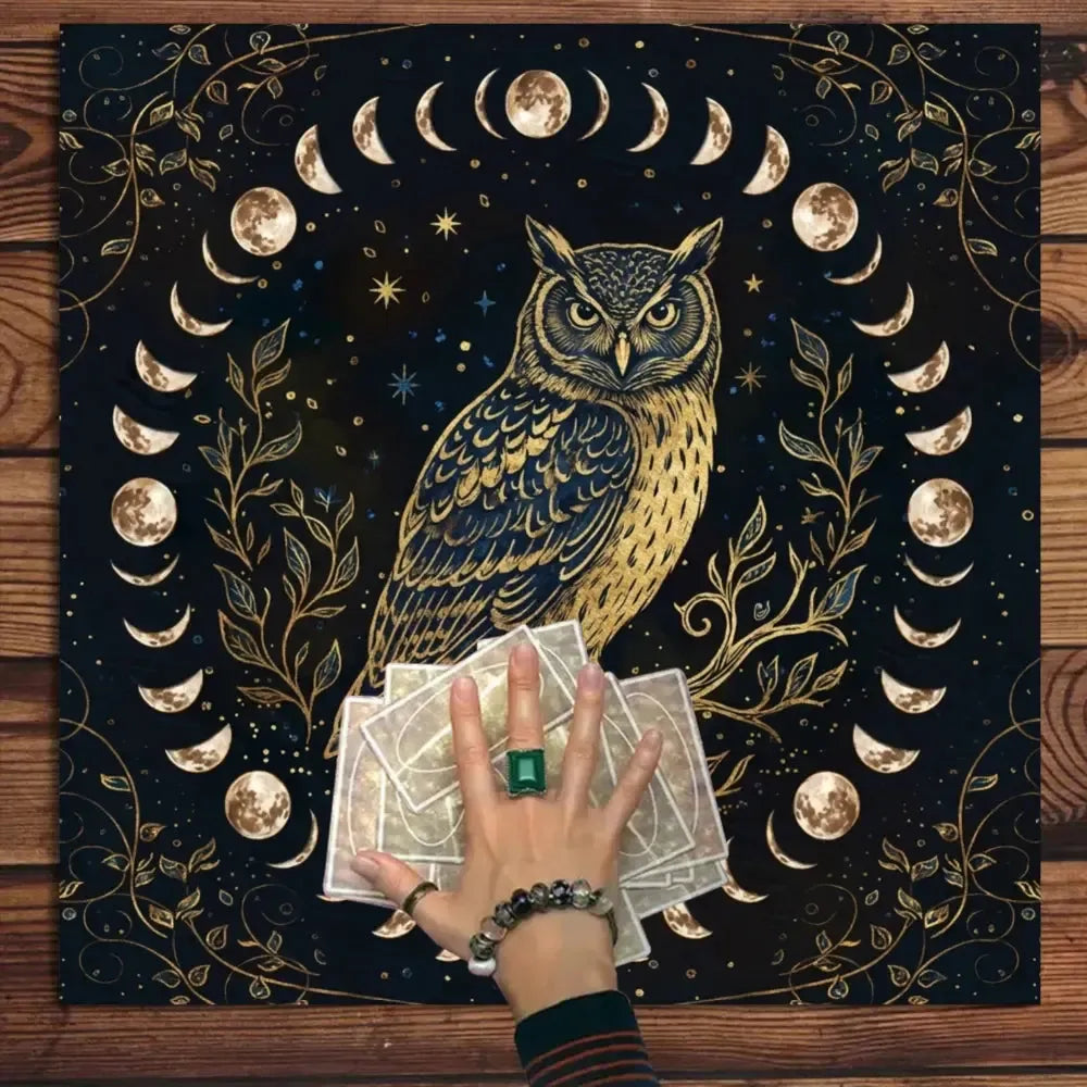 Owl night sky moon phase altar cloth – witchy divination mat for Wiccan Pagan ritual decor