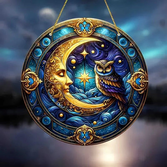 Owl Moon Suncatcher Celestial Acrylic Round Sign Aesthetic Home Decor-MoonChildWorld