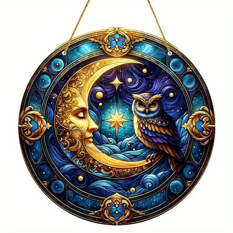 Owl Moon Suncatcher Celestial Acrylic Round Sign Aesthetic Home Decor-MoonChildWorld