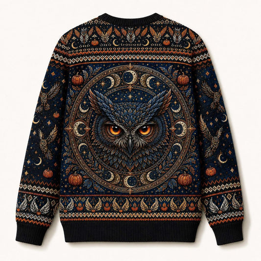 Owl Tarot Sweater Crescent Moon Pumpkin Blue Divination Knit back view